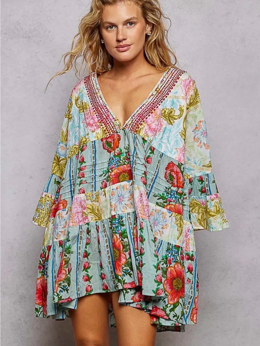 POL boho Aztec lace crochet tapestry patchwork floral tassel tunic top dress